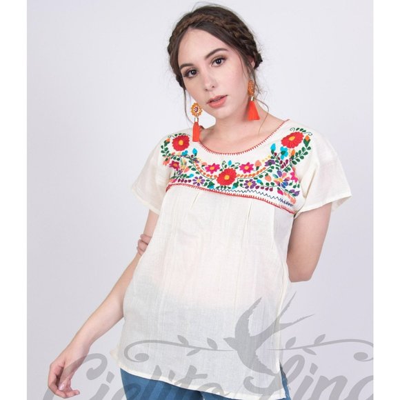 Tehuacan Mexican Embroidered Cream Blouse - Picture 1 of 6